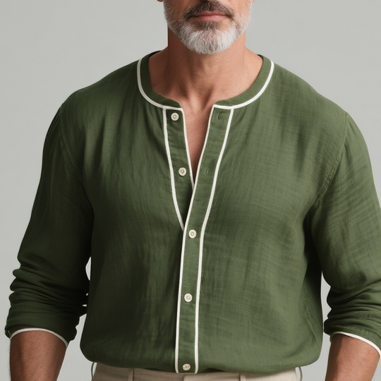 Men's White Trim Round Neck Long Sleeve Cotton And Linen Shirt DTT25072909