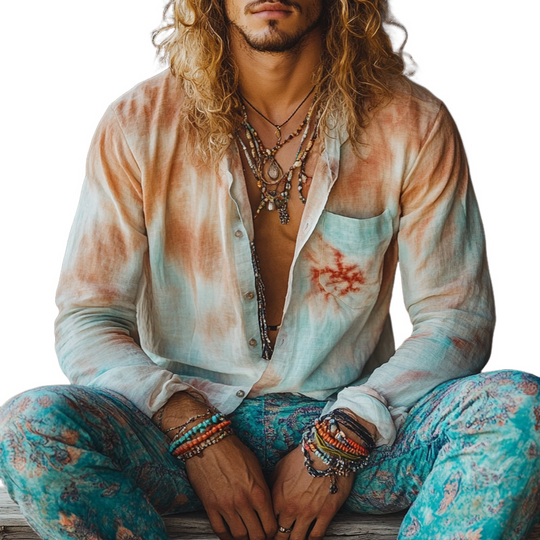 Men's Retro Casual Gradient Print Linen Pocket Lapel Long Sleeve Shirt 9901325746360