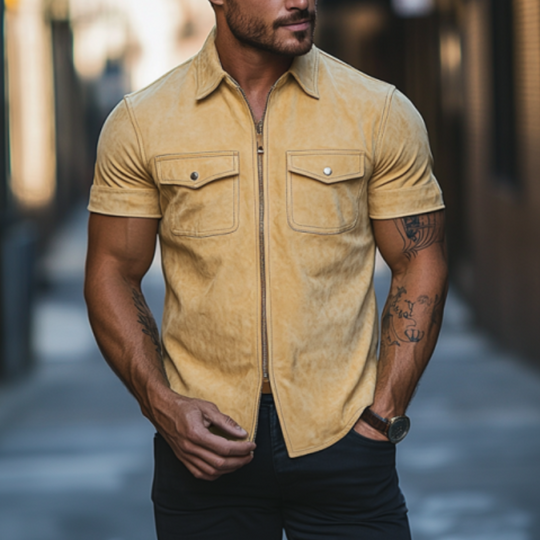 Men's Classic Casual Slim Lapel Multi-Pocket Suede Short Sleeve Shirt 9903595225272