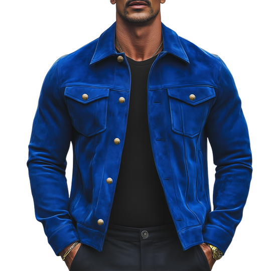 Men's Vintage Klein Blue Suede Button-Down Jacket DTT25082217