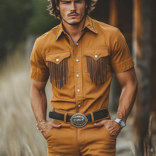 Men's Summer Western Cowboy Style Tassel Short Sleeve Shirt DTT25061309