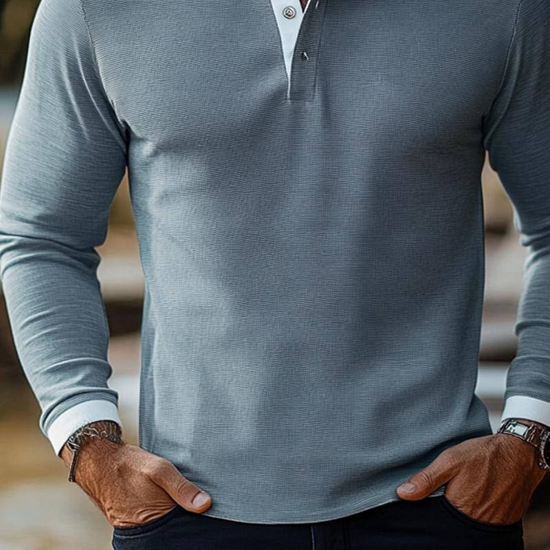 Men's Contrast Color Long Sleeve Cotton Blend POLO Shirt DTT25072904