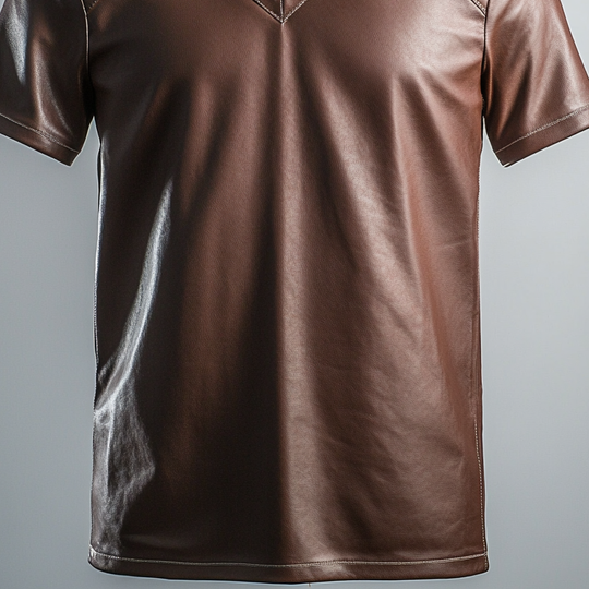 Men's V Neck Patchwork PU Leather Short Sleeve T-Shirt 9951400984760