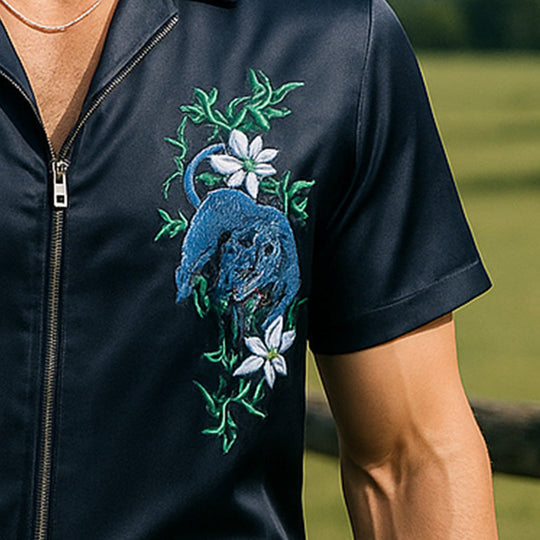 Men's Summer Fashion Satin Embroidery Short Sleeve Zipper Shirt DTT25060404