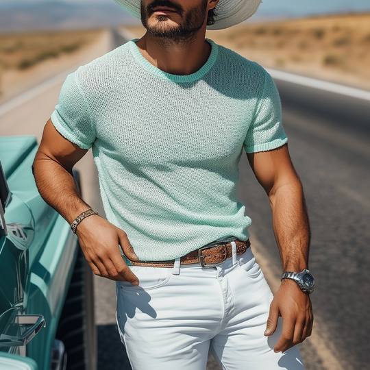 Men's Spring And Summer Fashion Casual Western Style Mint Green Slim Fit Knitted Short-sleeved T-shirt DTT25060624