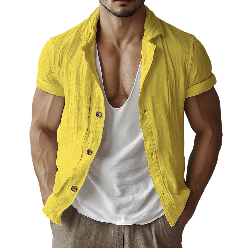 Men's Casual Basic Cotton Solid Color Short-sleeved Shirt DTT25070101