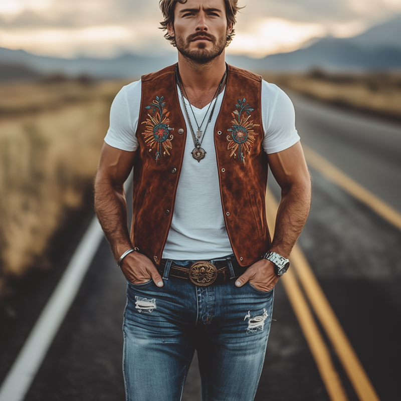 Men's Classic Retro Western Cowboy Suede Embroidered Vest 9909010464952