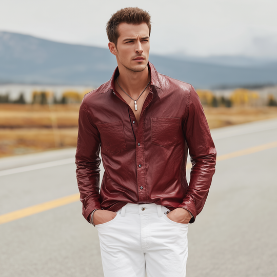 Men's Fashion Casual Pu Leather Slim Fit Metal Button Long Sleeve Shirt DTT25080607