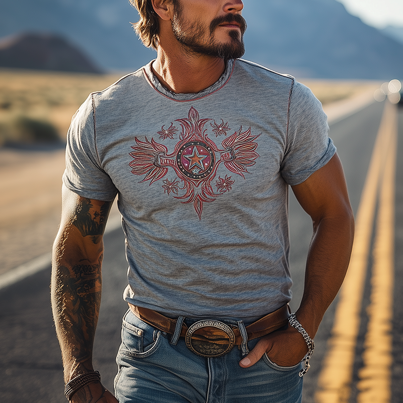Men's Fashion Casual Western Tough Style Bamboo Cotton Blended Printed Slim Short-sleeved T-shirt DTT25061602