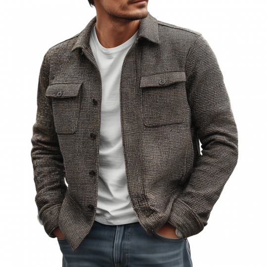 Men's Vintage Check Lapel Single Breasted Flap Pocket Loose Long Sleeve Shirt Jacket DTT25080408
