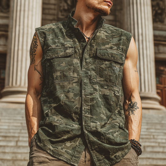 Men's Camouflage Print Sleeveless Lapel Shirt DTT25071403