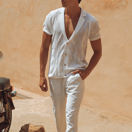 Men's Spring And Summer Fashion Casual Hollow Knitted Slim Short-sleeved Shirt DTT25071619