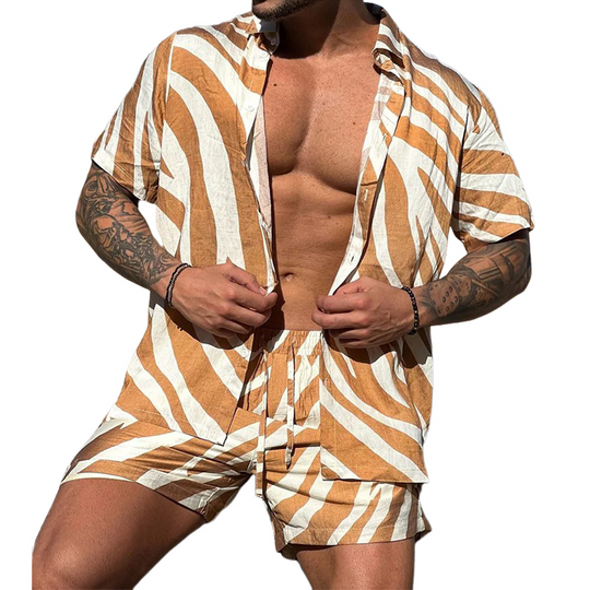 Men's Spring And Summer Fashion Casual Zebra Stripe Printed Silk Cotton Short Sleeve Shirt Elastic Waist Shorts Set DTT25070905