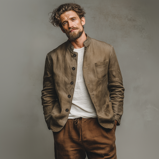 Men's Classic Casual Stand-up Collar Cotton And Linen Multi-pocket Thin Jacket DTT25073015