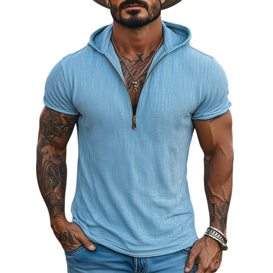 Men's Casual Classic American Western Tough Guy Style Waffle Hooded V-neck Slim Short-sleeved T-shirt DTT25053014