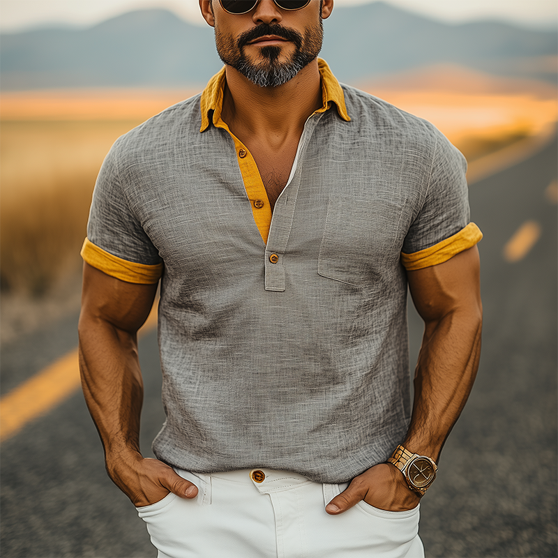 Men's Classic Casual American Retro Tough Style Cotton And Linen Contrast Color Stitching Short-sleeved Polo Shirt DDT25052817