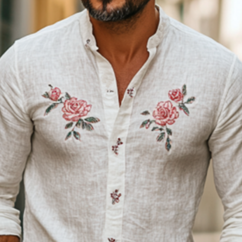 Men's Vintage Stand Collar Rose Embroidery Linen Long Sleeve Shirt 9892391715000