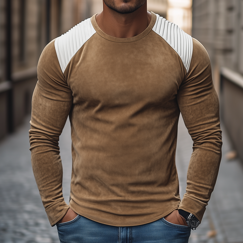 Men's Retro Casual Suede Pleated Round Neck Long Sleeve T-shirt DTT25082710