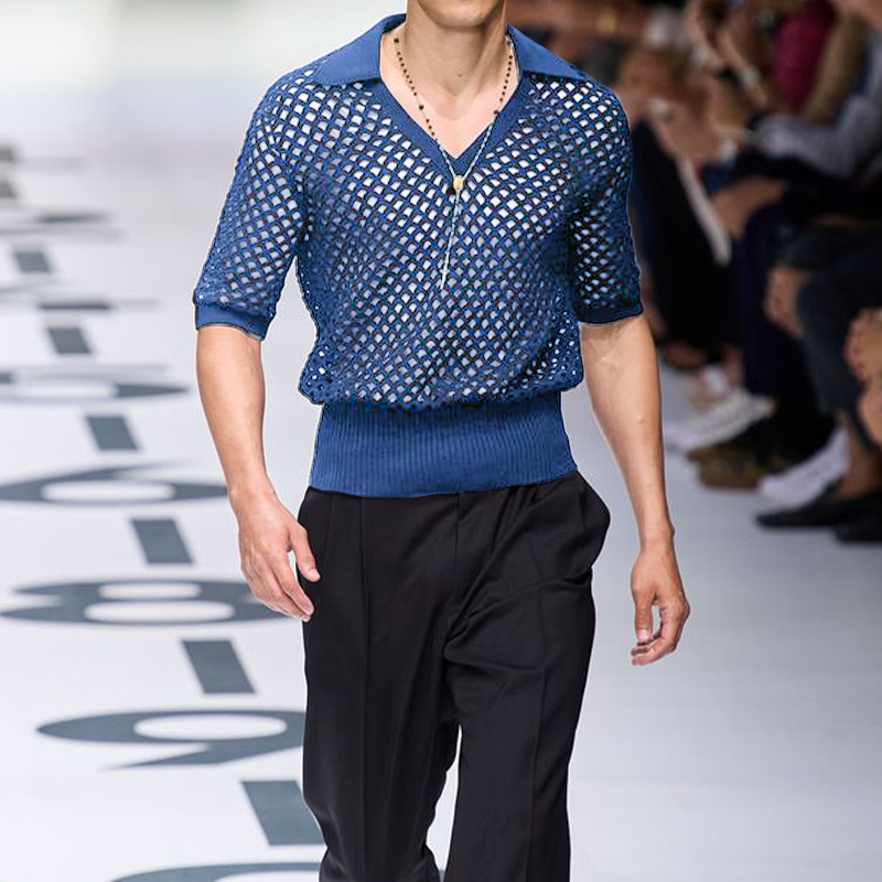 Men's Spring And Summer Fashion Hollow Sexy Knitted Short-sleeved Polo Shirt DTT25071116