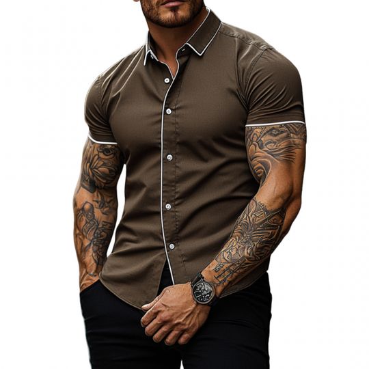 Men's Casual Breathable Cotton Lapel Contrast Color Treim Slim Fit Short Sleeve Shirt DTT25060904