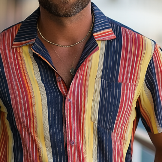 Men's Summer Classic Colorblock Striped Short Sleeve Shirt DTT25062301