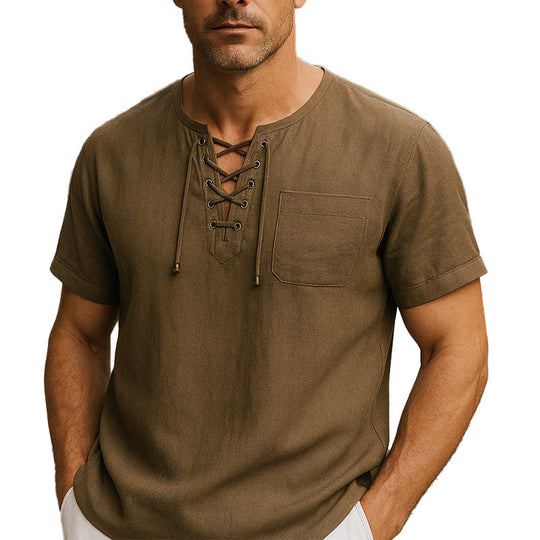 Men's Summer Breathable And Comfortable Linen Lace-Up Short-Sleeved Shirt DDT25052806