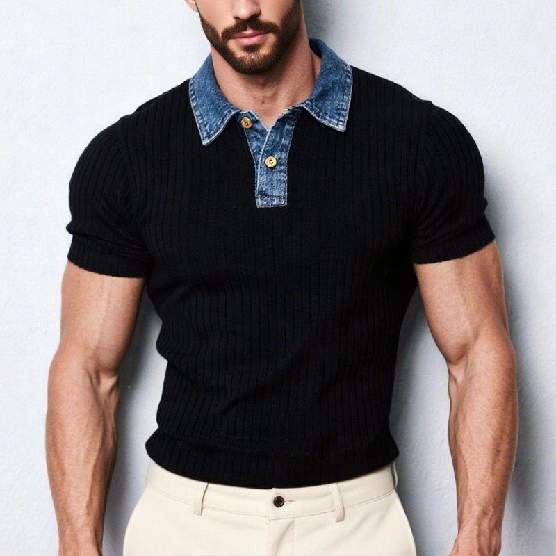 Men's Solid Knit Striped Denim Lapel Short Sleeve Casual Polo Shirt DTT25062518