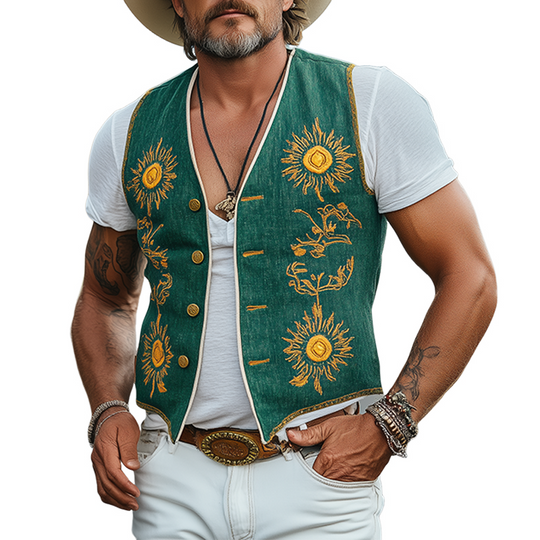 Men's Casual Retro American Western Style Cotton And Linen Embroidered Single Breasted Vest DTT25061717