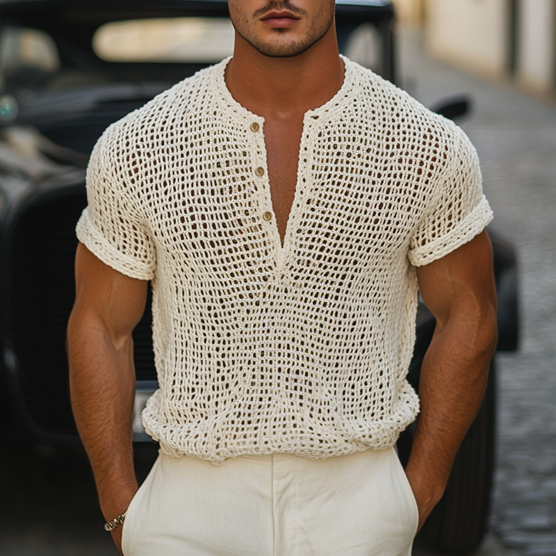 Men's Solid Knit Hollow Henley Collar Short Sleeve T-shirt DTT25061811
