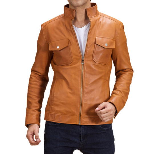 Men's Classic Casual Stand Collar Pocket Leather Jacket 9899735515320