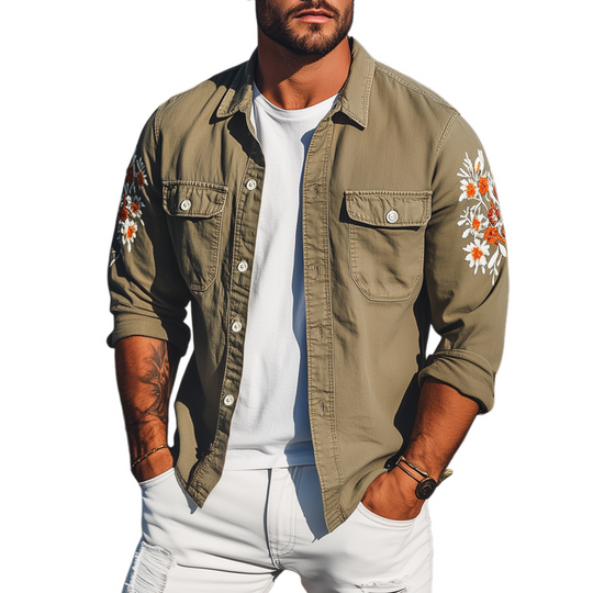 Men's Vintage Casual Washed Cotton Blend Sleeve Embroidered Long Sleeve Shirt DTT25072806