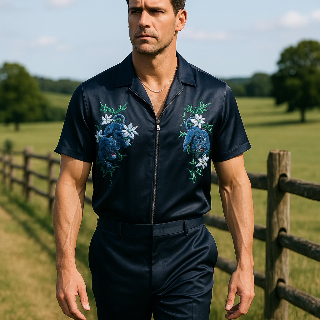 Men's Summer Fashion Satin Embroidery Short Sleeve Zipper Shirt DTT25060404