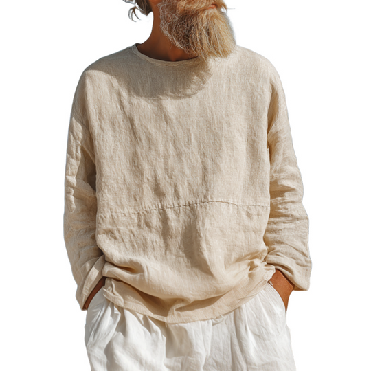 Men's Casual Breathable Cotton Linen Round Neck Loose Long-sleeved T-shirt DTT25070216