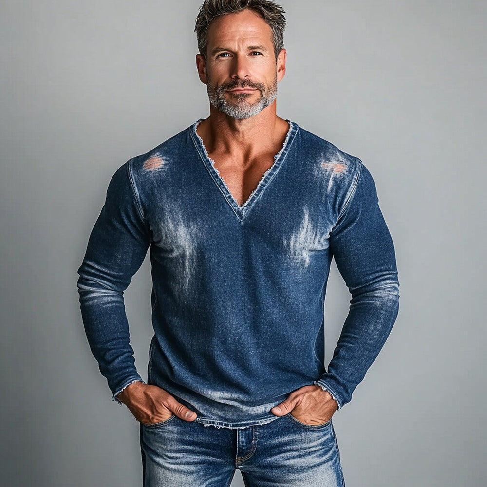 Men's Denim Ripped V Neck Long Sleeve T-Shirt 9899606147256