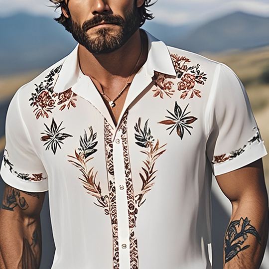 Men's Spring And Summer Fashion Casual Western Cowboy Style Light Chiffon Fabric Printed Short-sleeved Shirt DTT25060614