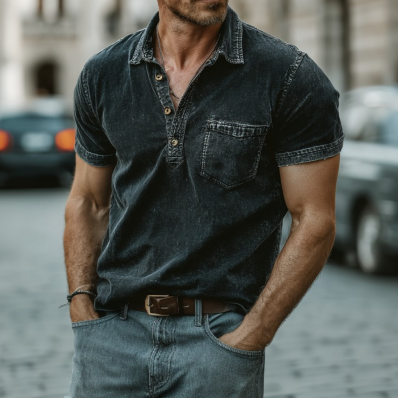 Men's Casual Outdoor Denim Washed Distressed Lapel Patch Pocket Slim Fit Short-sleeved Polo Shirt DTT25062320