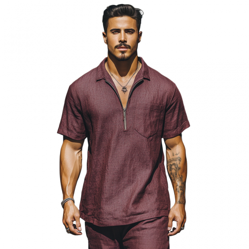 Men's Casual Breathable Linen Zipper Lapel Patch Pocket Loose Short Sleeve Polo Shirt DTT25060303