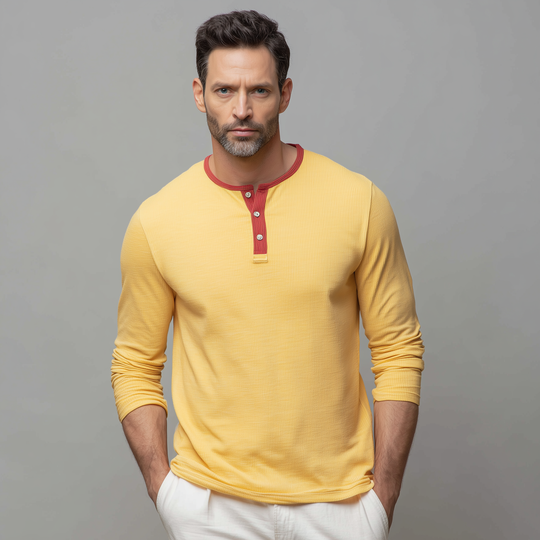 Men's Classic Casual Henley Collar Ribbed Slim Fit Long Sleeve T-Shirt DTT25080608