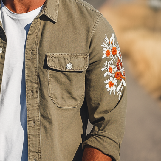 Men's Vintage Casual Washed Cotton Blend Sleeve Embroidered Long Sleeve Shirt DTT25072806
