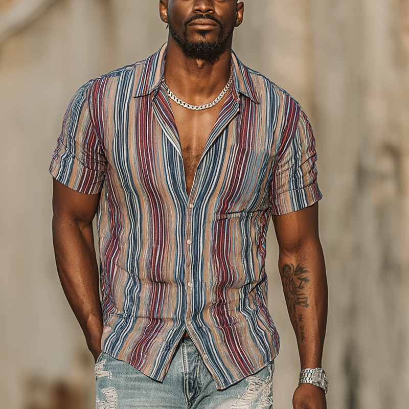 Men's Summer Cotton Blend Fashion Stripe Print Short Sleeve Shirt DTT25071716