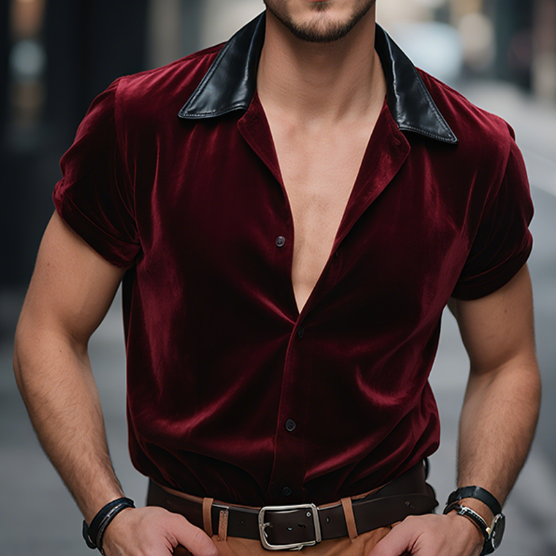 Men's Retro Casual Velvet Leather Lapel Short Sleeve Shirt DTT25071505