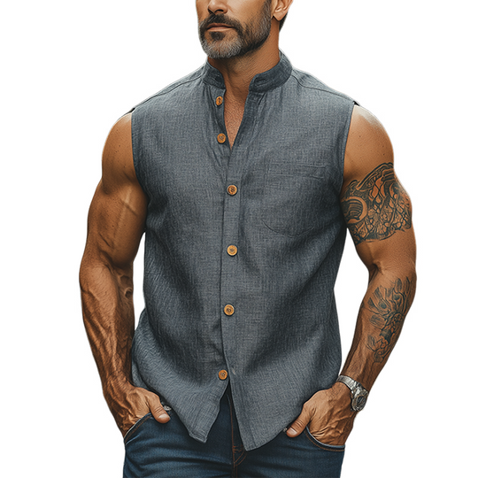 Men's Fashion Casual Classic Retro Stand Collar Tough Style Cotton And Linen Sleeveless Shirt DTT25060306