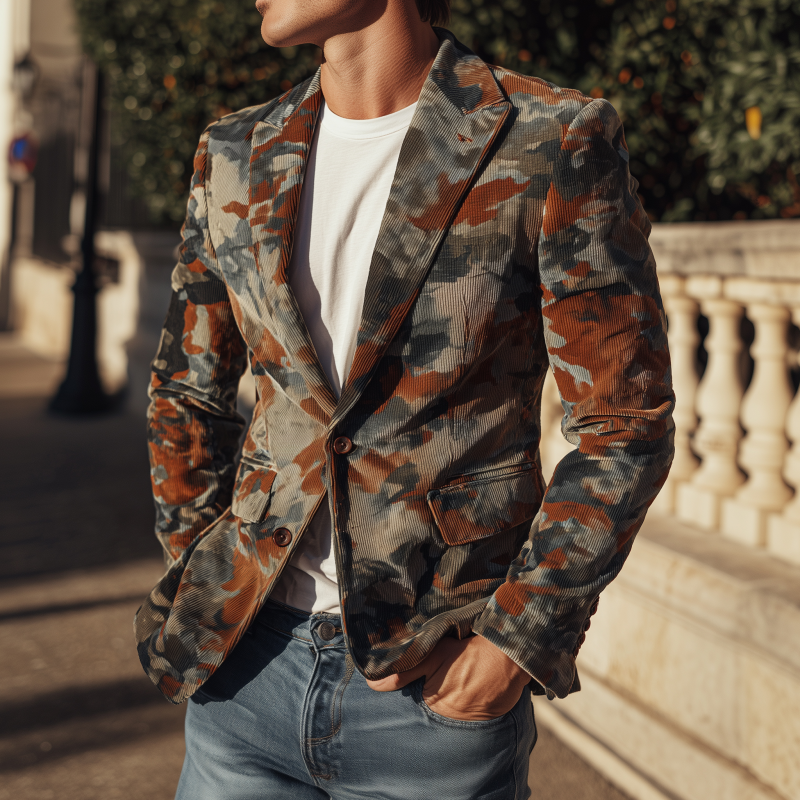 Men's Stylish Vintage Contrast Camouflage Corduroy Peaked Lapel Single-breasted Slim-fit Blazer DTT25081309
