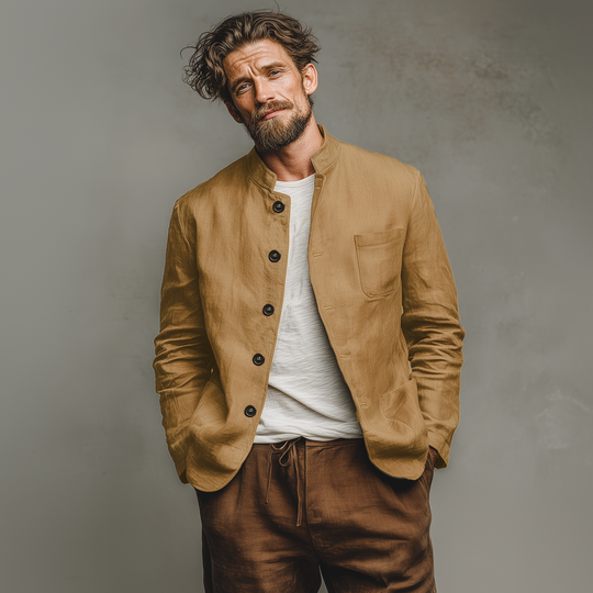 Men's Classic Casual Stand-up Collar Cotton And Linen Multi-pocket Thin Jacket DTT25073015