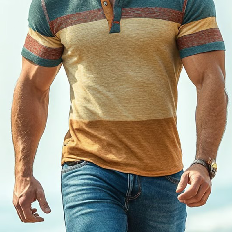 Men's Stripe Print Henley Neck Short Sleeve T-Shirt DTT25062415