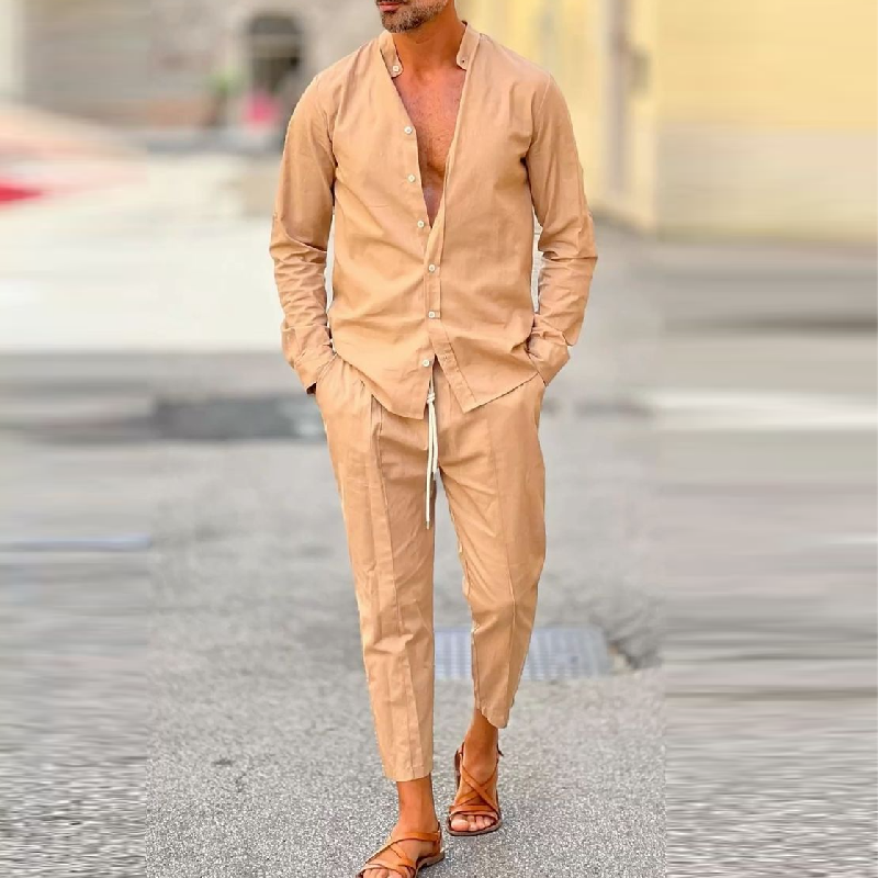 Men's Casual Cotton Stand Collar Long Sleeve Shirt Elastic Waist Straight Pants Set 9907264618680