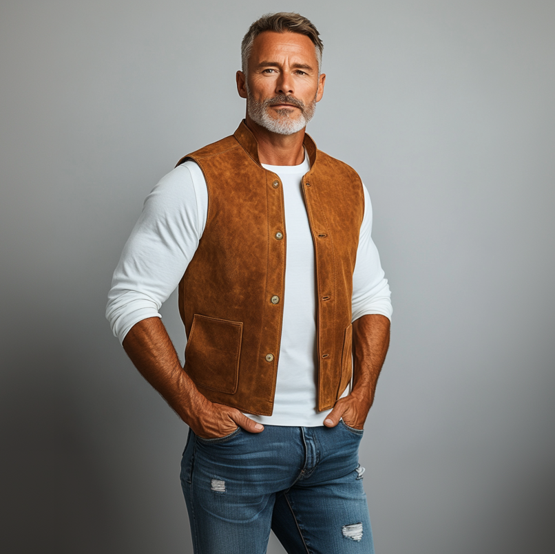 Men's Stand Collar Single Breasted Pocket Suede Vest 9903588114616