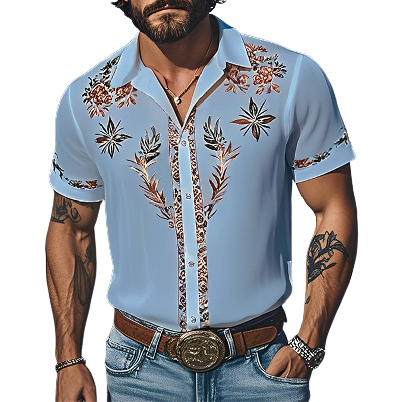 Men's Spring And Summer Fashion Casual Western Cowboy Style Light Chiffon Fabric Printed Short-sleeved Shirt DTT25060614