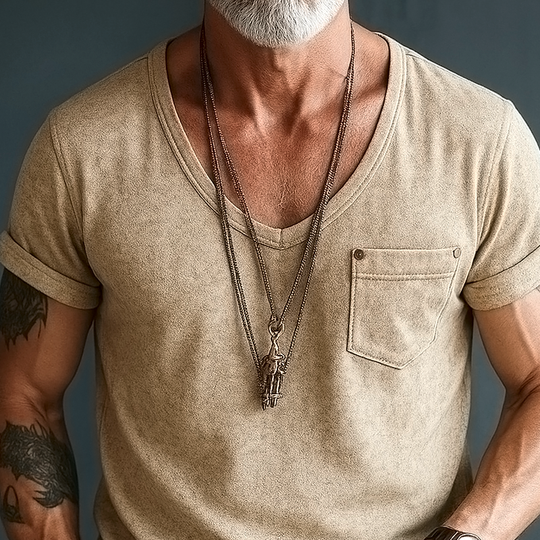Men's Suede V Neck Chest Pocket Short Sleeve T-shirt DTT25062503