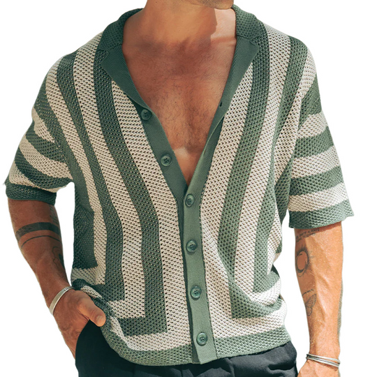 Men's Spring And Summer Fashion Casual Hollow Striped Knitted Short-sleeved Shirt DTT25070803